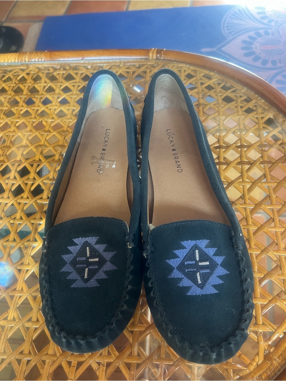 Lucky Brand Navy Blue Suede Moccasins with Geometric Embroidery